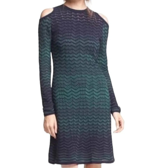 Missoni Fit & Flare Green Blue Chevron Print Open Shoulder Knit Dress Sz 2 - Picture 12 of 12